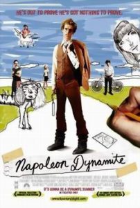 Movie poster for Napoleon Dynamite featuring the main character standing in front of a doodle-filled background with quirky drawings, and the title written in a handwritten style at the bottom.