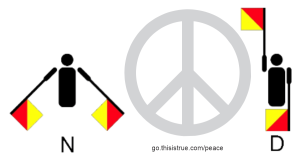 Illustration showing semaphore flag signals for the letters “N” and “D” on either side of a large peace symbol, referencing “nuclear disarmament.” The text “go.thisistrue.com/peace” appears at the bottom.