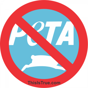 A blue circle with the white PETA logo, featuring a rabbit silhouette, is crossed out by a red prohibition symbol.