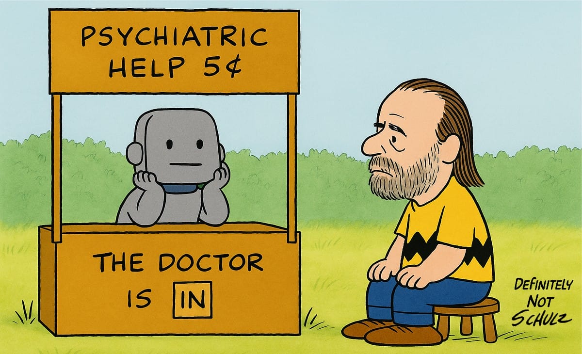 A cartoon robot offers Psychiatric Help 5¢ from a carboard box booth, while a bearded man in a yellow shirt with a zigzag stripe sits across, looking concerned. The booth sign says The Doctor is In.