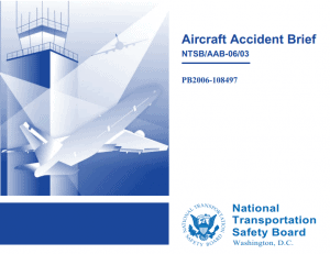 Cover page of an Aircraft Accident Brief by the National Transportation Safety Board, featuring illustrations of airplanes, an airport control tower, and the NTSB logo on a blue and white background.