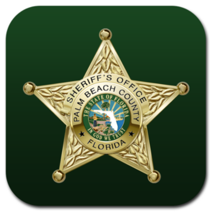 A gold star badge for Palm Beach County Sheriff's Office, Florida, against a dark green background.