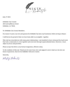 Official resignation letter from Misty Roberts to DeRidder City Council, with her typed signature at the bottom and a logo at the top.