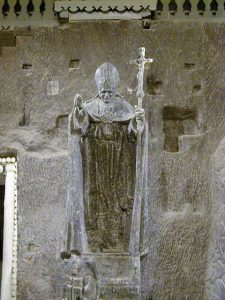 Pope John Paul II carved from a pillar of salt by workers deep within the Wieliczka Salt Mine, outside Kraków, Poland.