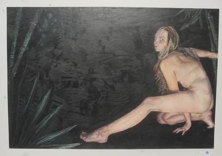 A painting of a nude teen girl with long hair crouching in a dark, jungle-like environment with plants and foliage in the background. The figure is lit, contrasting with the shadowy surroundings, and she strategically covers most of her nudity.