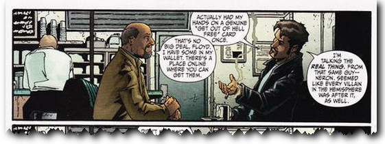 The GOOHF card in Secret Six The GOOHF card in a bit of a Secret Six comic. Two men sit at a diner counter having a conversation. One man in a brown suit talks while the other, dressed in black, listens. In the background, another customer sits with his back turned. Speech bubbles show their discussion.