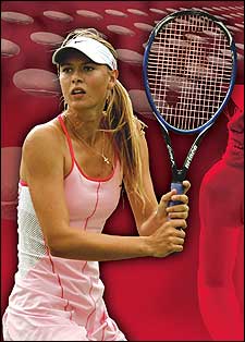 A promo shot of Maria Sharapova playing tennis in a pink and white outfit holds a racquet, preparing to hit a two-handed backhand. She wears a white visor and stands against a red background with blurred tennis balls. The tiny bulge in her dress outlining her right nipple has been edited out.
