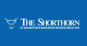 White text on a blue background reads The Shorthorn: UT Arlington’s main news source since 1919, with a stylized bull’s head logo to the left of the text.
