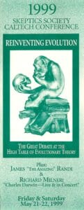 Flyer for the 1999 Skeptics Society Caltech Conference, titled Reinventing Evolution. A drawing on the front features a sketch of a chimpanzee contemplating a human skull, with event details and guest speakers James Randi and Richard Milner.