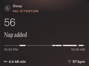 Sleep tracking interface showing a score of 56, a nap notification, a sleep timeline from 10:00 PM to 10:00 AM, 4 hours and 46 minutes of sleep duration, and a heart rate of 57 bpm.