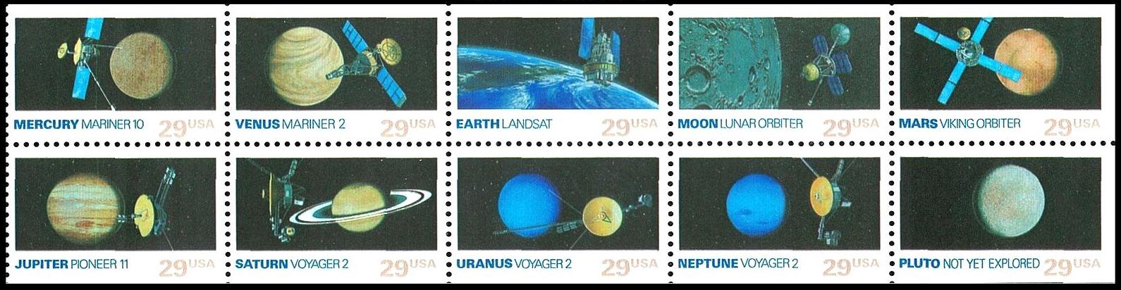 A sheet of US stamps featuring NASA spacecraft and corresponding planets: Mercury, Venus, Earth, Moon, Mars, Jupiter, Saturn, Uranus, Neptune, and Pluto, each labeled with the mission name and a 29-cent value. Pluto, unfortunately, says "Not Yet Explored."
