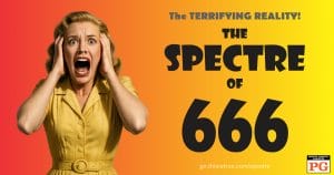 A parody film poster shows a terrified woman in a yellow dress screaming with her hands holding her head. Text beside her reads: The TERRIFYING REALITY! THE SPECTRE OF 666. The background is a red to yellow gradient. There is a 'PG' rating box.