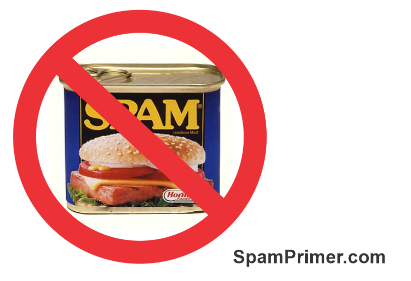 A can of SPAM with a red prohibition symbol over it, next to the text SpamPrimer.com on a white background.