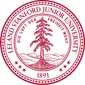 Stanford University’s red circular seal featuring a tree in the center, mountains in the background, the German motto 'Die Luft der Freiheit weht,' and the founding year 1891 with 'Leland Stanford Junior University' around the border.