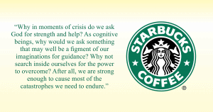 A quote about seeking strength within ourselves in times of crisis is displayed next to the Starbucks Coffee logo on a light yellow background.