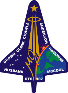 Space Shuttle Columbia STS-107 mission patch featuring crew names, a golden shuttle with a star, Earth, blue stars, and a red arc, all on a dark blue background.