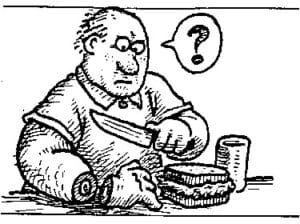 A cartoon man looks confused while holding a knife in his left hand, preparing to eat a sandwich; a question mark appears in a speech bubble above his head. A drink sits beside his plate. The confusion is due to his sandwich: despite his knife, it is not cut in half -- but he has cut his right hand off.