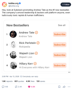 A Bluesky post criticizes Substack for promoting Andrew Tate as a top bestseller. An image shows a New Bestsellers list with Andrew Tate at #1.