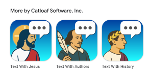 Illustration of three historical figures as app icons: Jesus, Shakespeare, and Julius Caesar. Each has a speech bubble with three dots above their head.