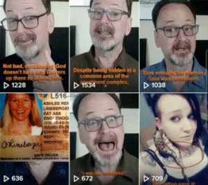 A collage of six video thumbnails shows Randy making various facial expressions, a woman with a tattoo, and an actual driver’s license issued by Florida where a woman's street address is shown as 'EAT ASS'. Each thumbnail has captions and viewer counts.