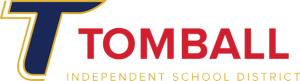 Logo for Tomball Independent School District, featuring a large stylized T in blue and gold on the left, with TOMBALL in bold red letters and INDEPENDENT SCHOOL DISTRICT in gold below.