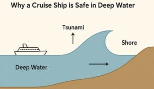 A diagram shows a cruise ship in deep water as a tsunami passes underneath, with the wave rising near the shore. Labels indicate Deep Water, Tsunami, Shore, and an arrow showing the tsunami's direction.