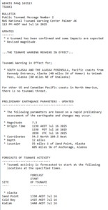 NOAA tsunami bulletin text showing a tsunami warning for Alaska and the Alaska Peninsula, listing earthquake details, forecasted tsunami arrival times, and advising evacuation for affected coastal areas.