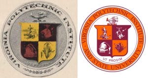 Two circular university seals side by side. The left seal is gray, yellow, and red, with text Virginia Polytechnic Institute and a four-part shield. The right seal is orange and maroon with similar design and updated text.