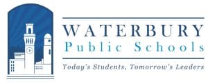 Logo for Waterbury Public Schools featuring stylized buildings and a sunrise. Text reads: Waterbury Public Schools. Today's Students, Tomorrow's Leaders.