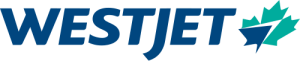 WestJet logo featuring the word “WESTJET” in bold blue letters, with a stylized green and blue maple leaf graphic to the right, representing the Canadian airline.