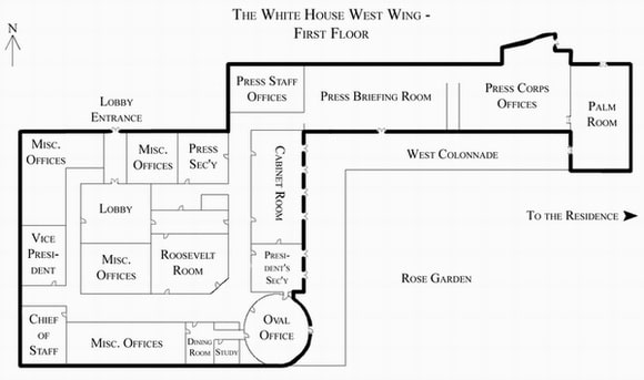Black and white floor plan of the White House West Wing first floor, showing labeled rooms such as the Oval Office, Vice President's office, Press Briefing Room, and paths to the Residence and Rose Garden.