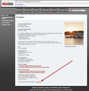 Screenshot of a contact page for Winnebago Industries with company contact details, links to brochures, registration, and FAQs. A red arrow points to a click here link for more information at the bottom.