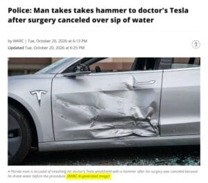 A silver Tesla with a heavily dented passenger-side door and smashed window, yet has telltale signs of manipulative alteration.