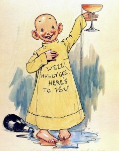 Cartoon of a bald boy raising a glass of champagne.