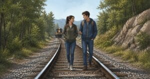 An illustration of a young woman and man walking side by side along railroad tracks winding through a forest. They seem to be engaged in cheerful conversation, smiling as they go. In the distance, a train draws near behind them. The scene is tranquil, surrounded by lush green trees and mountains rising in the background.
