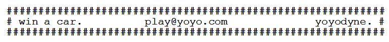 A simple text-only ad, with a "border" of # signs. It reads, "win a car. play@yoyo.com yoyodyne." That's everything!