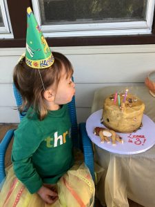 Little girl blowing out candles on cake, with a dead frosting lion lying on the platter.