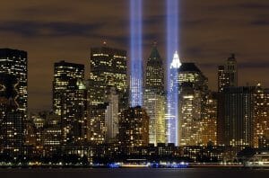 Beams of light at night representing the Twin Towers in 2006.