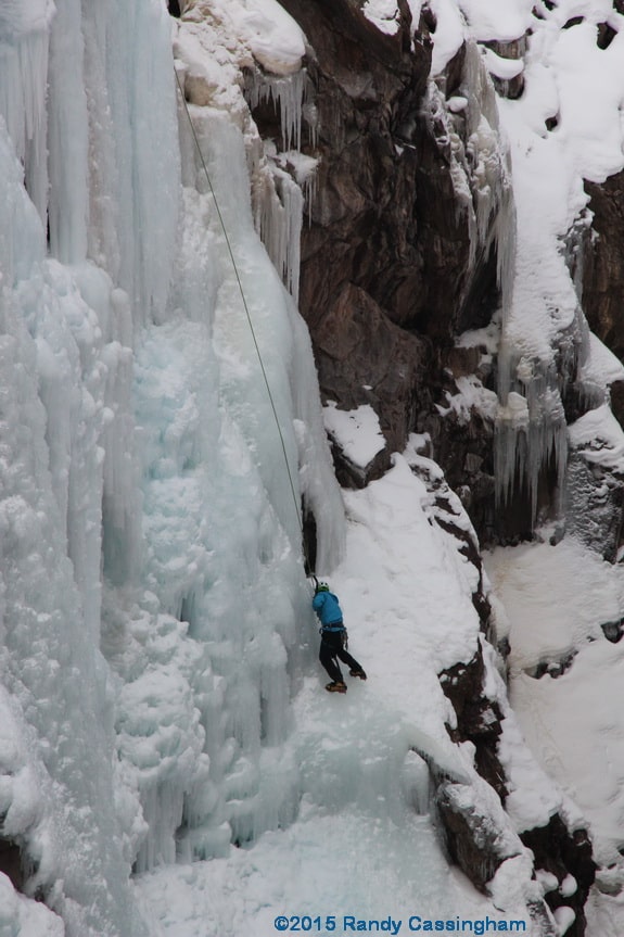 A climber at the Ouray Ice Park — closer