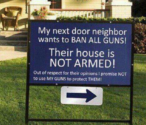 Sign says neighbor has no guns