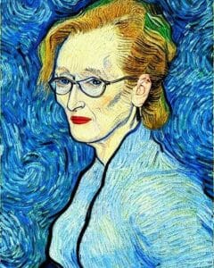 A portrait of Meryl Streep painted in the style of Van Gogh. Created by AI from a prompt written by Randy Cassingham.